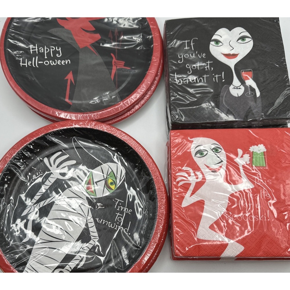 Vtg Hallmark Halloween Plates + Cocktail Napkins Lot Party Suppies Adult Bar New